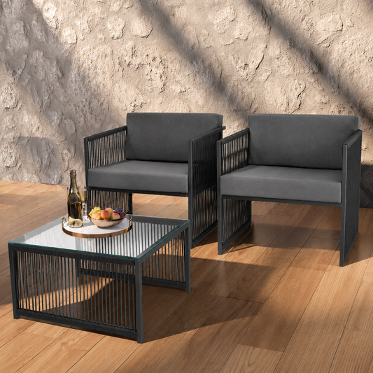 Conjunto Ribie com 2 Poltronas e Mesa de Centro em Corda Náutica