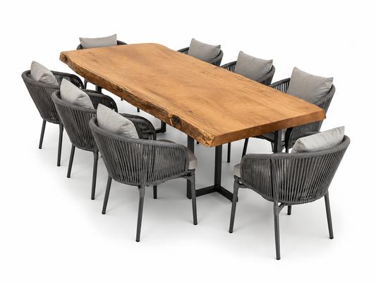 Conjunto Mesa Pranchão em Peroba Rosa + 8 Poltronas em Corda Náutica (Promoção)