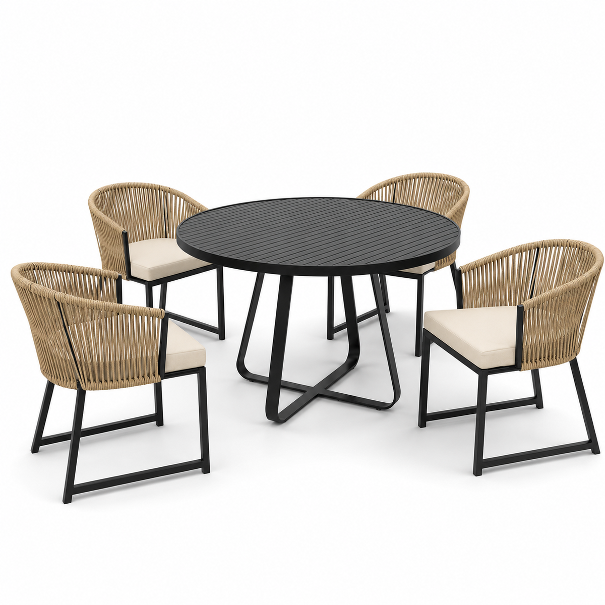 Conjunto com Mesa Ripada e 4 Poltronas em Corda Náutica