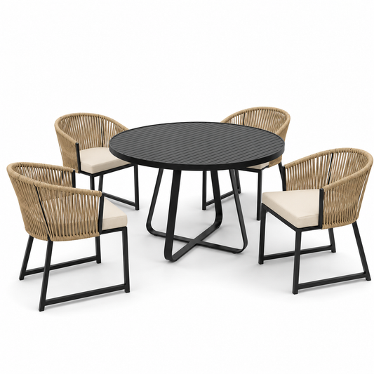 Conjunto com Mesa Ripada e 4 Poltronas em Corda Náutica