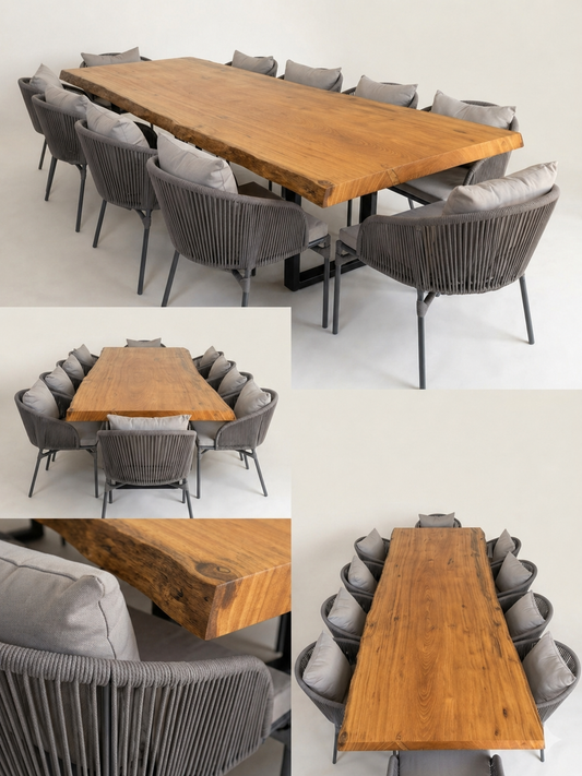 Conjunto Mesa Pranchão em Peroba Rosa + 8 Poltronas em Corda Náutica (Promoção)